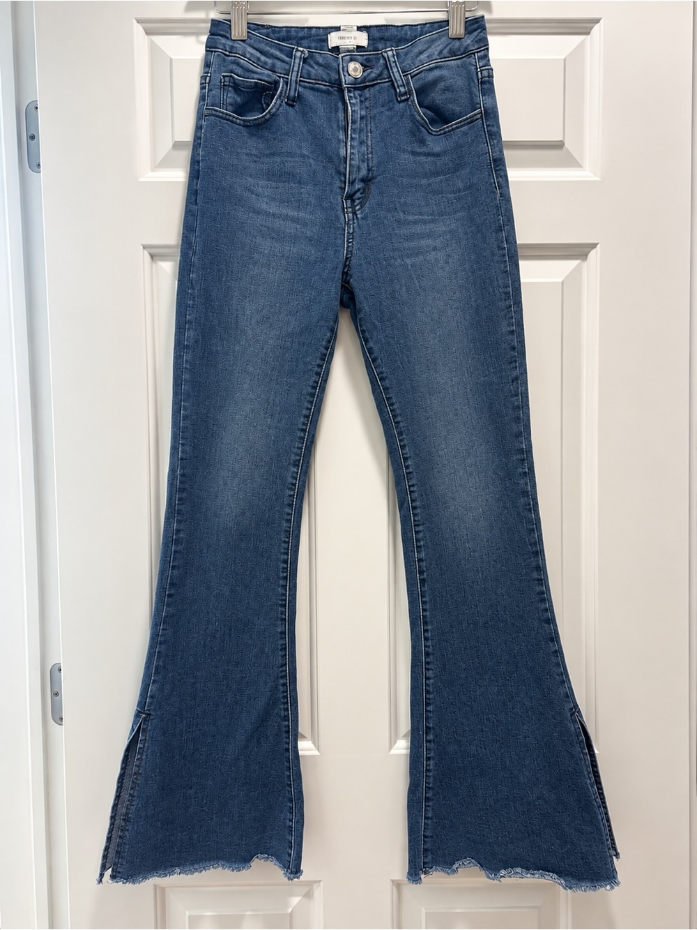 Forever 21 Dark Wash High Rise Flare Jeans Size 26 Raw Hem Y2K